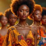 Young female models in vibrant african print fashion on runway.